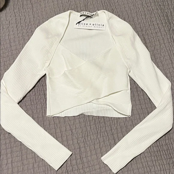 Alice + Olivia Cream Ribbed Crop Top - Picture 1 of 3